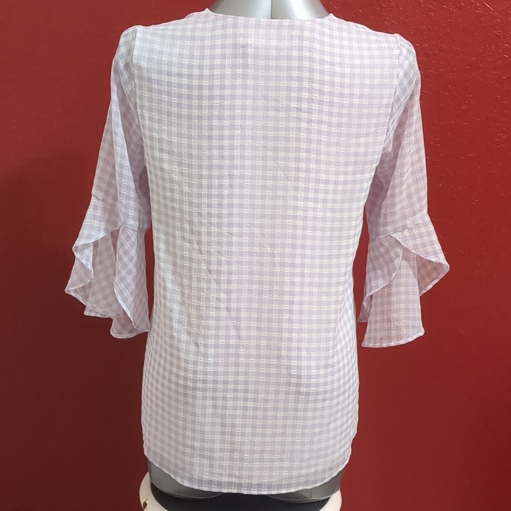 Calvin Klein Women Purple/White-V Neck Blouse 3/4 Sleeves Gingham check Size S - Picture 5 of 11